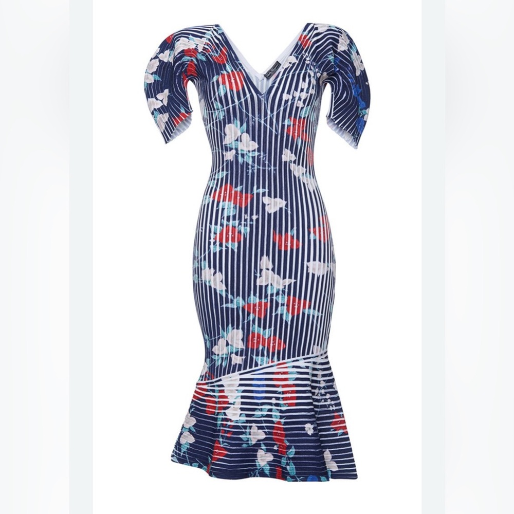 Salvatore Ferragamo BOUGANVILLE Structured Ribbed Floral Midi Dress